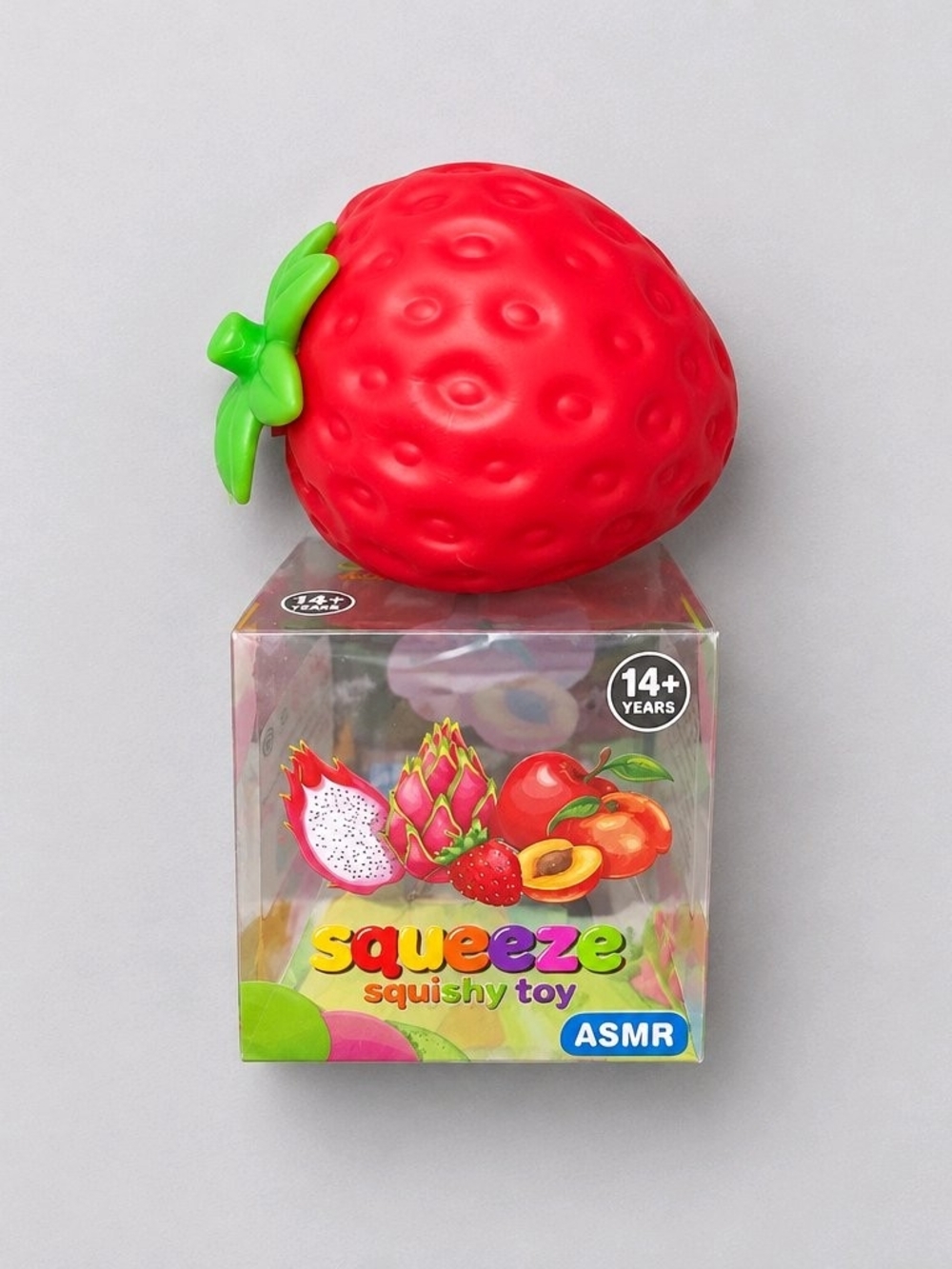 Squeeze Strawberry Squishy Toy - Red with Green Leaves